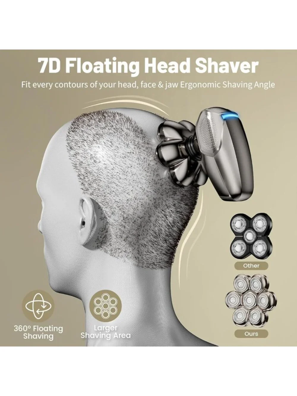 Waterproof Electric Shaver for Bald Men - 7D Detachable Razor, Wet & Dry, LED
